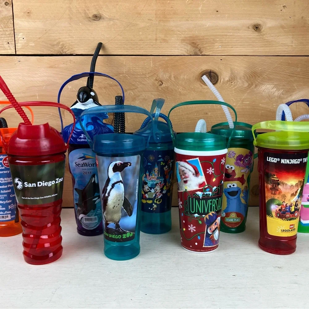 Assorted Lot of 9 Theme Park & Zoo Kids Sipper Cups - Multi-Color Collectable